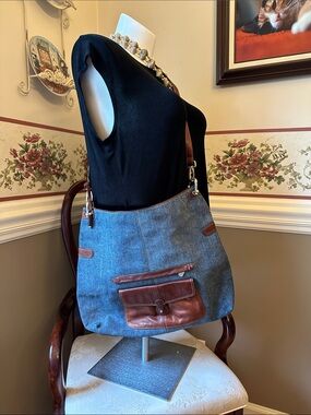 Vintage Luz Claiborne denim and leather crossbody bag, tote in EUC